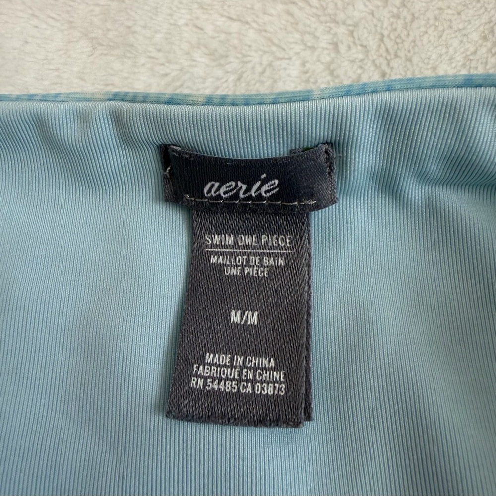 EUC Aerie Tassel Tied Marble Light Blue One Piece Plung Halter Swimsuit Boho - Picture 6 of 8